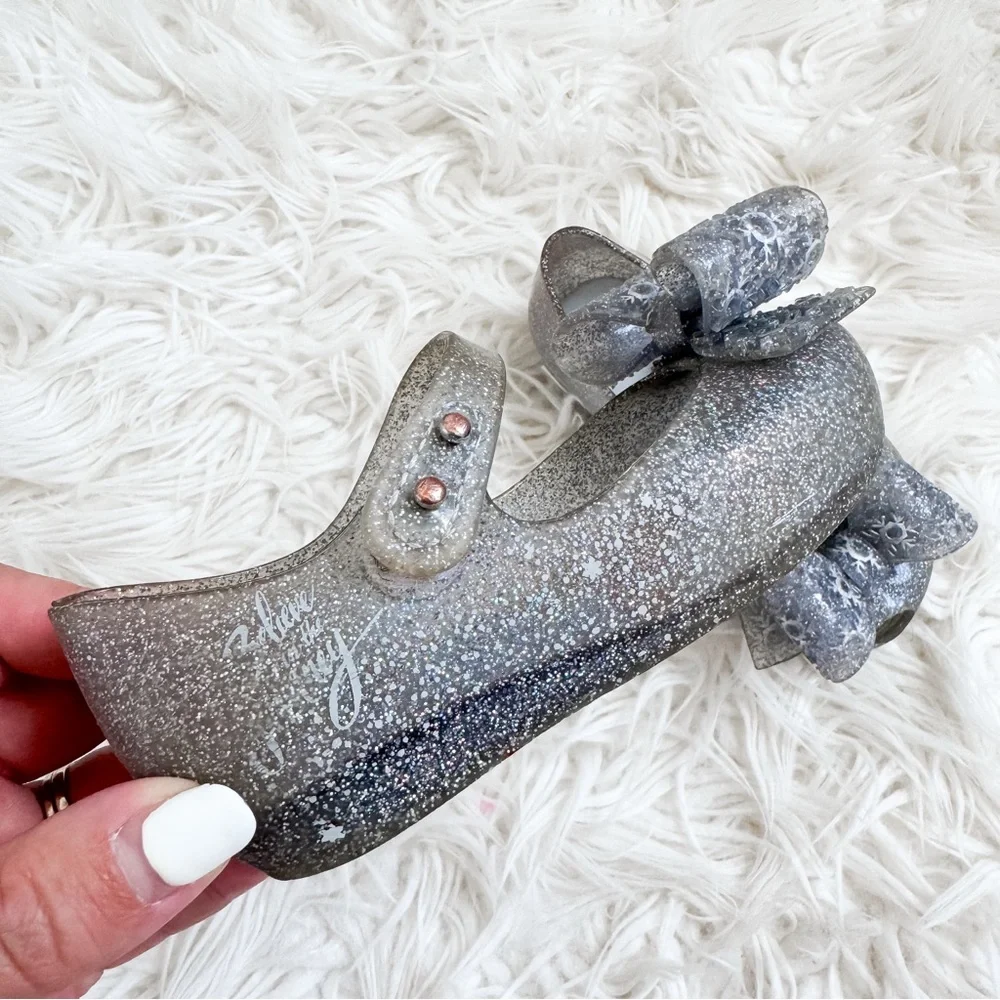 Mini Melissa Disney Frozen Glitter Silver Bow Mary Jane Shoes